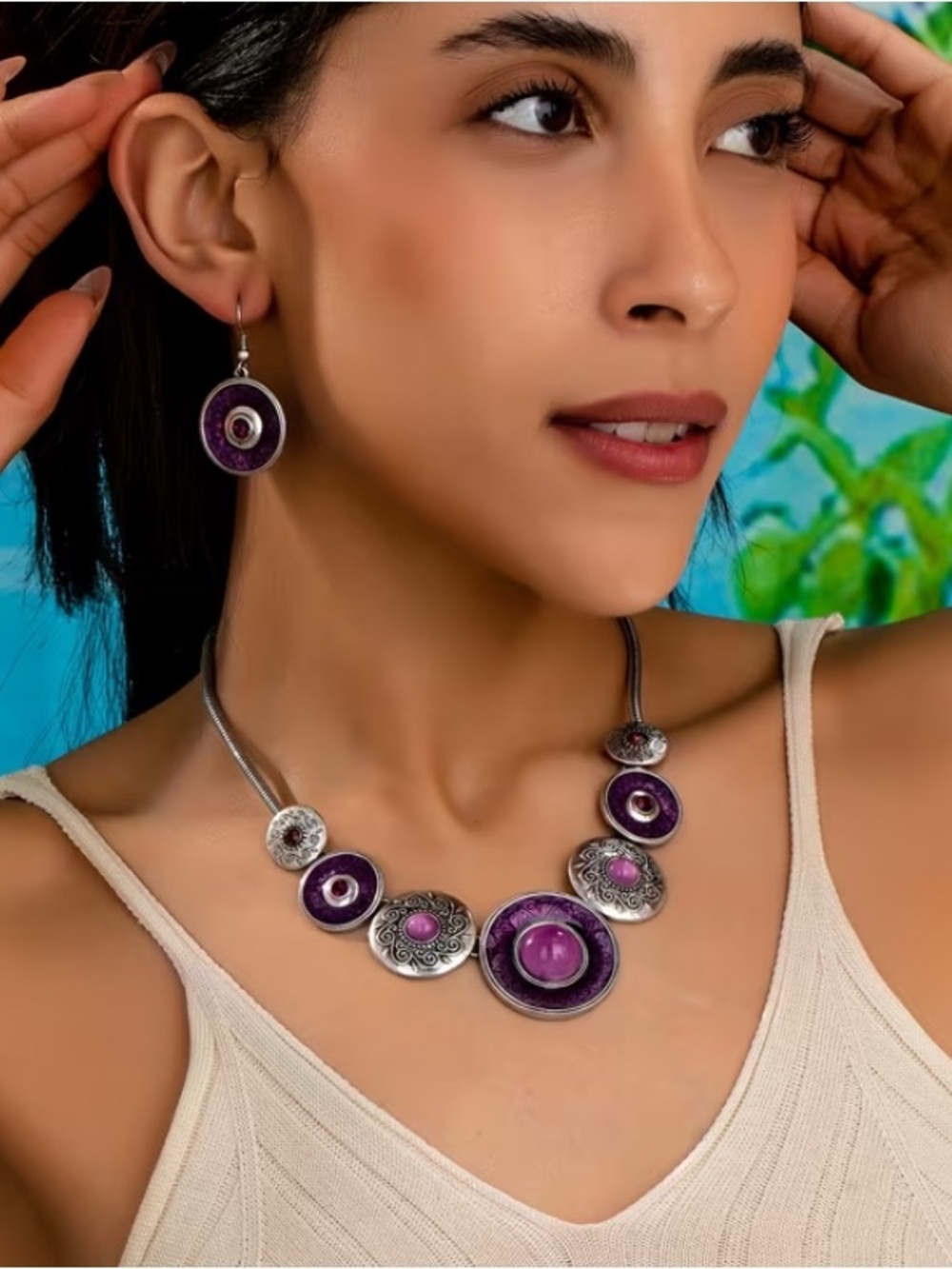 Boho Tribal Style Purple Disc Necklace & Earrings Set